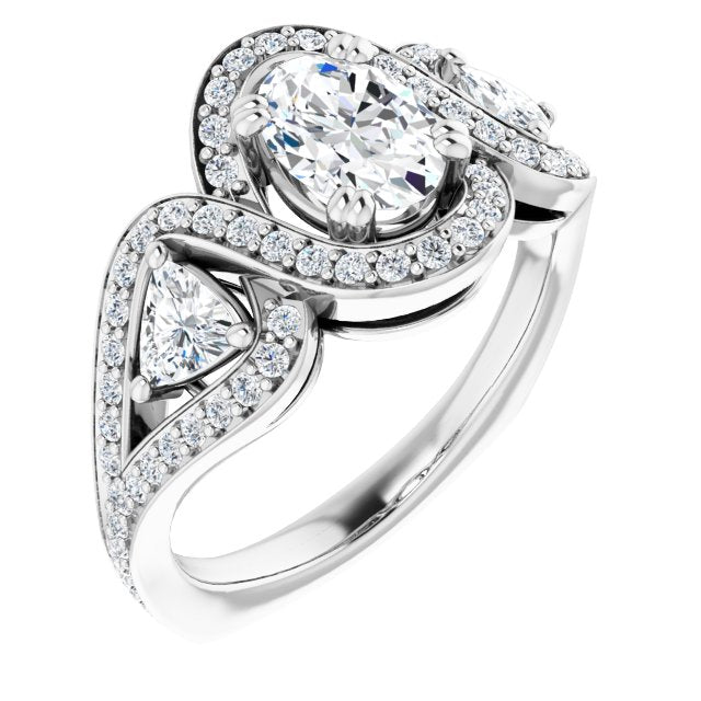 10K White Gold Customizable Oval Cut Center with Twin Trillion Accents, Twisting Shared Prong Split Band, and Halo