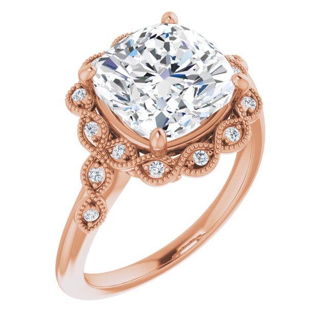 10K Rose Gold Customizable 3-stone Design with Cushion Cut Center and Halo Enhancement