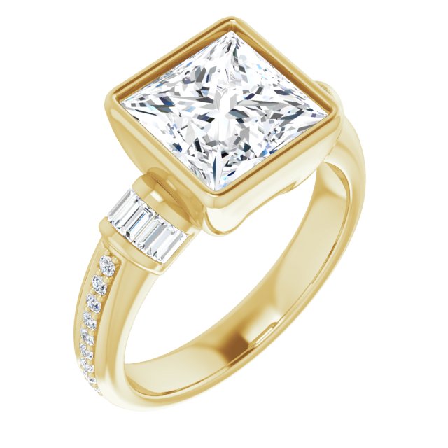 10K Yellow Gold Customizable Cathedral-Bezel Princess/Square Cut Style with Horizontal Baguettes & Shared Prong Band