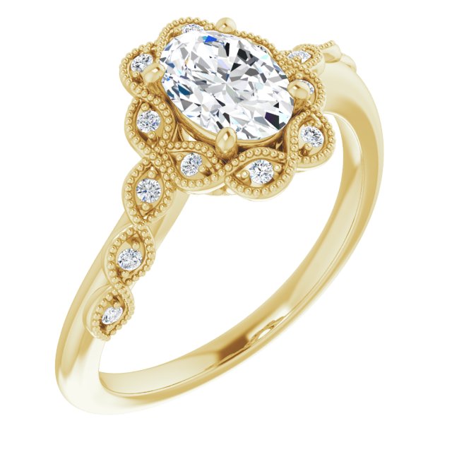 10K Yellow Gold Customizable 3-stone Design with Oval Cut Center and Halo Enhancement