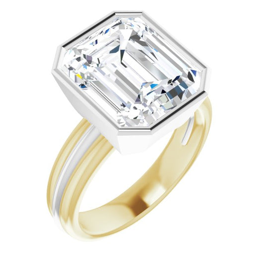 14K Yellow & White Gold Customizable Bezel-set Emerald/Radiant Cut Solitaire with Grooved Band