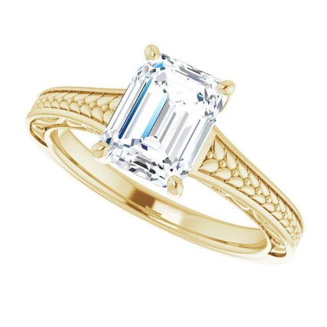Cubic Zirconia Engagement Ring- The Shariya (Customizable Emerald Cut Solitaire with Organic Textured Band and Decorative Prong Basket)