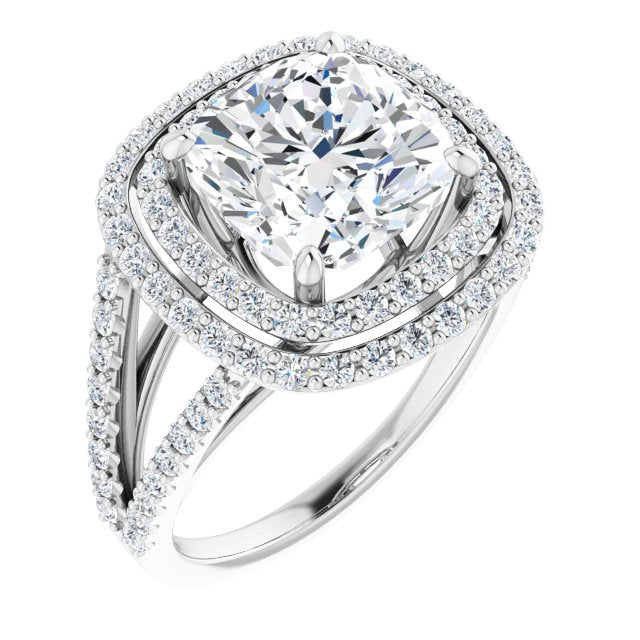 10K White Gold Customizable Cushion Cut Design with Double Halo and Wide Split-Pavé Band