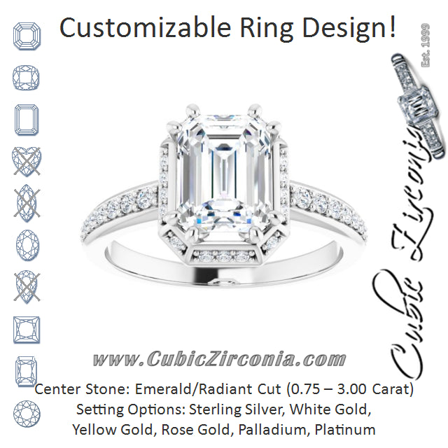 Cubic Zirconia Engagement Ring- The Gwen Noelle (Customizable Emerald Cut Design with Geometric Under-Halo and Shared Prong Band)