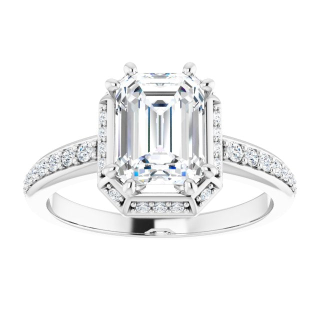 Cubic Zirconia Engagement Ring- The Gwen Noelle (Customizable Emerald Cut Design with Geometric Under-Halo and Shared Prong Band)