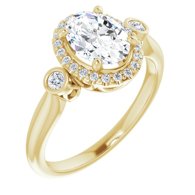 Cubic Zirconia Engagement Ring- The Adoración (Customizable Oval Cut Style with Halo and Twin Round Bezel Accents)