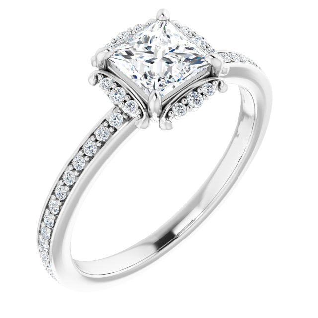 10K White Gold Customizable Princess/Square Cut Style with Halo and Thin Shared Prong Band