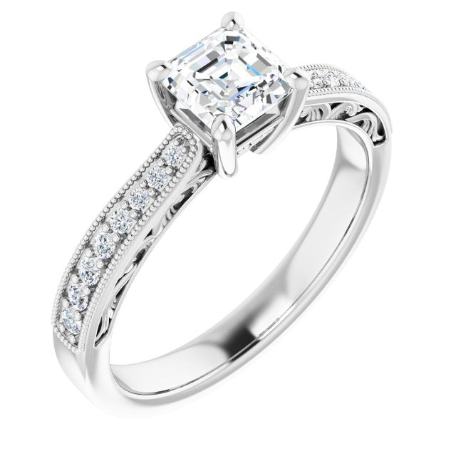 10K White Gold Customizable Asscher Cut Design with Round Band Accents and Three-sided Filigree Engraving