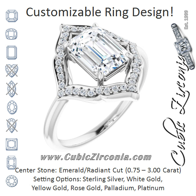 Cubic Zirconia Engagement Ring- The Casie Jean (Customizable Emerald Cut Style with Artistic Equilateral Halo and Ultra-thin Band)