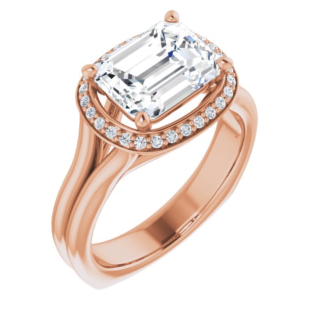 10K Rose Gold Customizable Emerald/Radiant Cut Style with Halo, Wide Split Band and Euro Shank