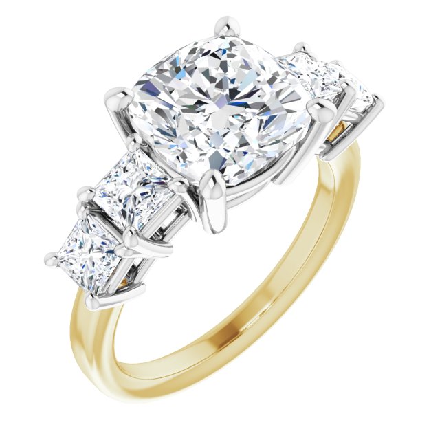 14K Yellow & White Gold Customizable 5-stone Cushion Cut Style with Quad Princess-Cut Accents