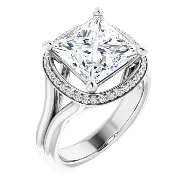 10K White Gold Customizable Princess/Square Cut Style with Halo, Wide Split Band and Euro Shank