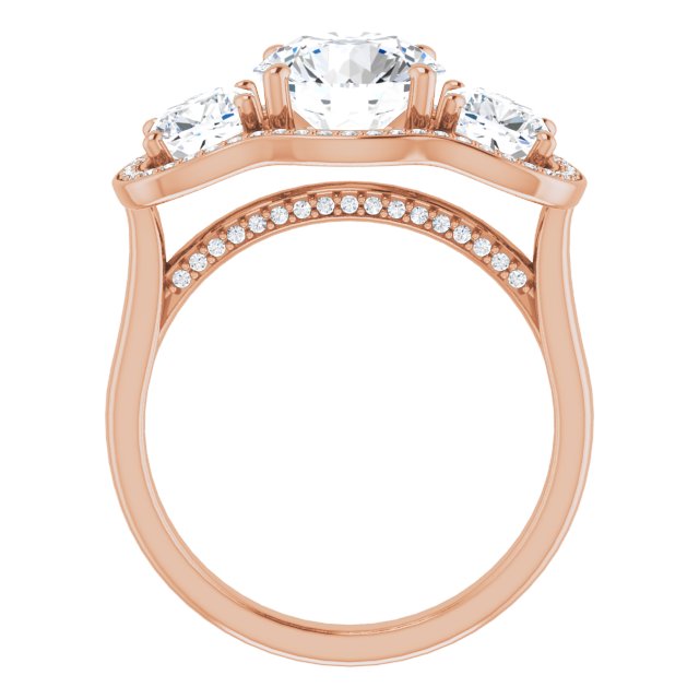 Cubic Zirconia Engagement Ring- The Aimi Namiko (Customizable 3-stone Design with Round Cut Center, Cushion Side Stones, Triple Halo and Bridge Under-halo)