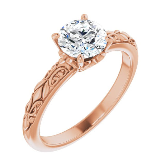 10K Rose Gold Customizable Round Cut Solitaire featuring Delicate Metal Scrollwork