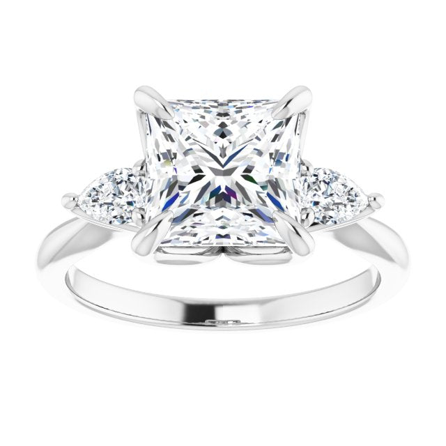 Cubic Zirconia Engagement Ring- The Sharona (Customizable 3-stone Design with Princess/Square Cut Center and Dual Large Pear Side Stones)