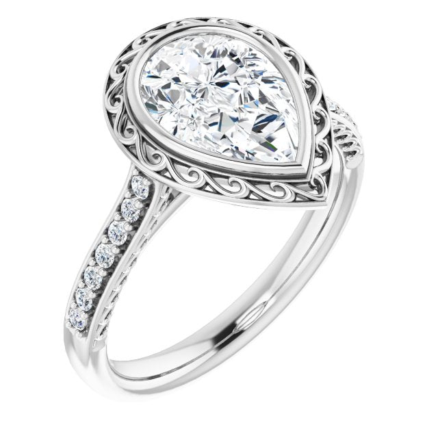 Cubic Zirconia Engagement Ring- The Itzayana (Customizable Cathedral-Bezel Pear Cut Design featuring Accented Band with Filigree Inlay)