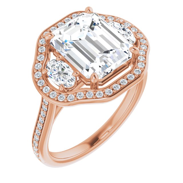10K Rose Gold Customizable Emerald/Radiant Cut Style with Oval Cut Accents, 3-stone Halo & Thin Shared Prong Band