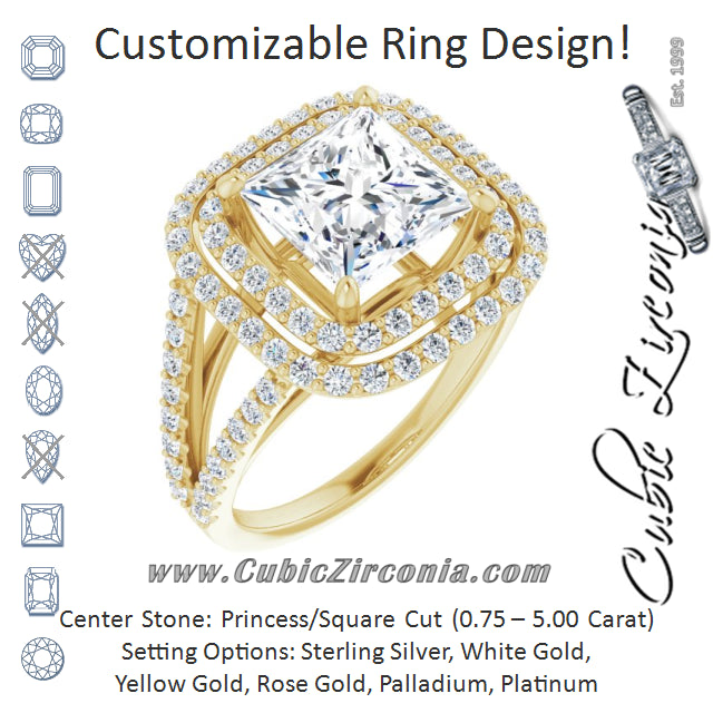 Cubic Zirconia Engagement Ring- The Carly Anne (Customizable Princess/Square Cut Design with Double Halo and Wide Split-Pavé Band)