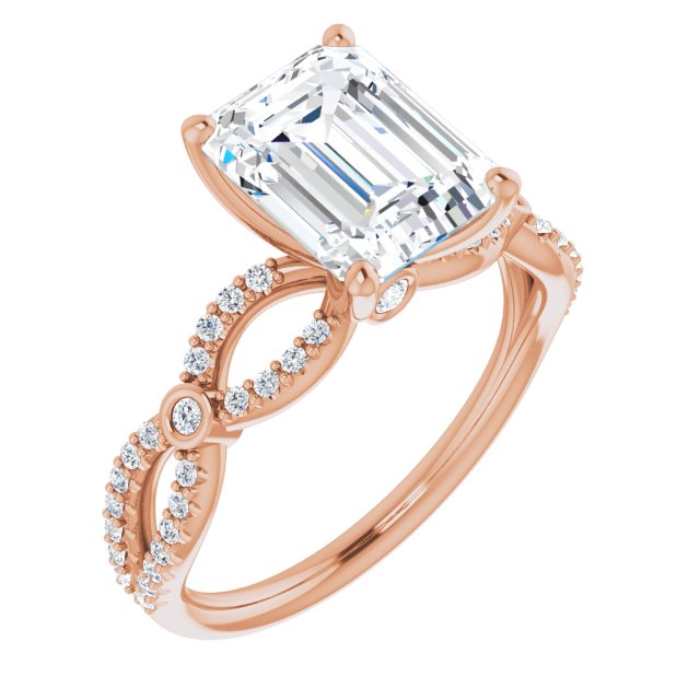 10K Rose Gold Customizable Emerald/Radiant Cut Design with Infinity-inspired Split Pavé Band and Bezel Peekaboo Accents