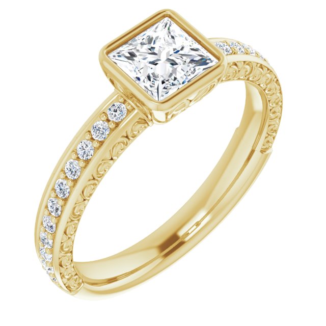 10K Yellow Gold Customizable Bezel-set Princess/Square Cut Design with Cloud-pattern Band & Semi-Eternity Accents