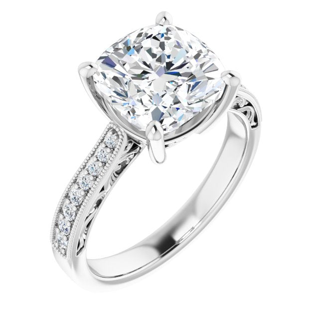 10K White Gold Customizable Cushion Cut Design with Round Band Accents and Three-sided Filigree Engraving