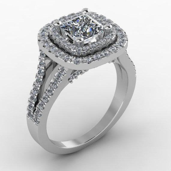 Cubic Zirconia Engagement Ring- The Lisa Love (2.25 TCW Princess Cut 2x Halo with Split-Band Pave and Sapphire Peekaboo)