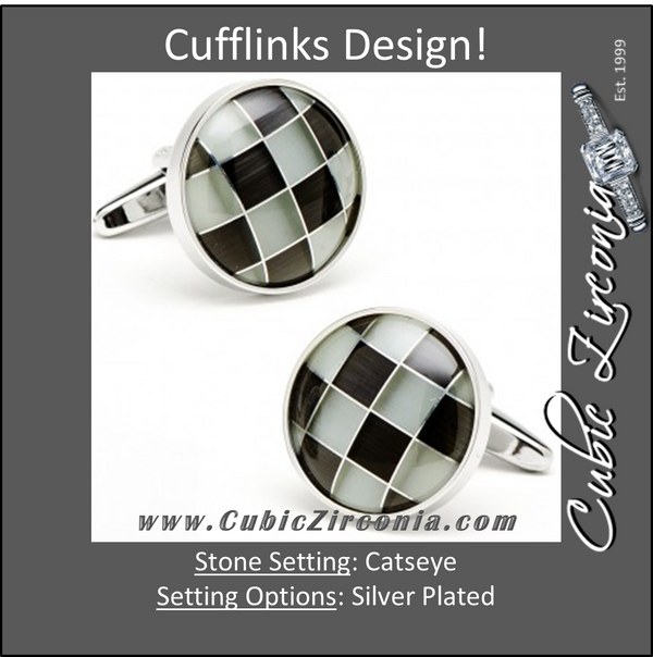 Men’s Cufflinks- Silver Plated Grey Catseye Checkered Design