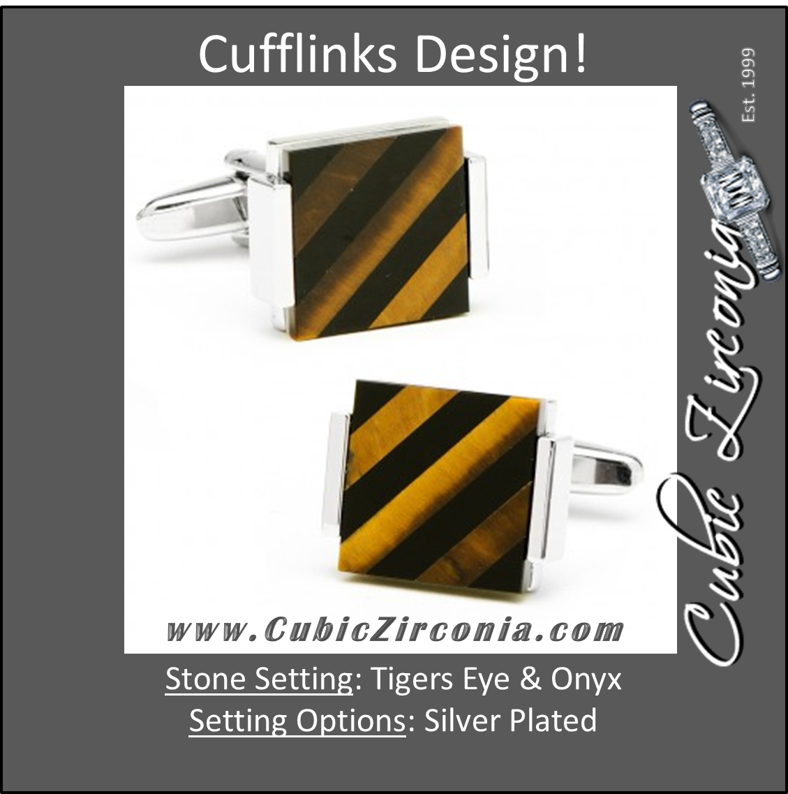 Men’s Cufflinks- Silver Plated with Floating Tigers Eye & Onyx