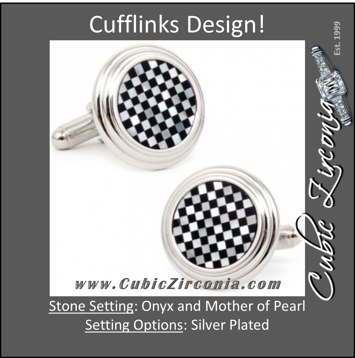 Men’s Cufflinks- Silver Plated Onyx and Mother of Pearl Checkered Design