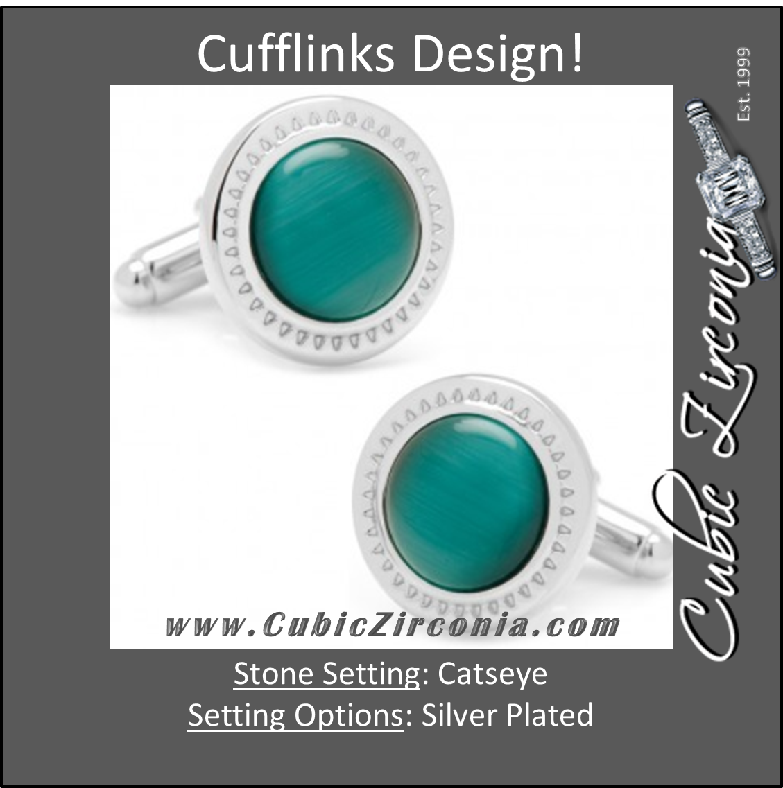 Men’s Cufflinks- Emerald Green Catseye with Etched Circular Border
