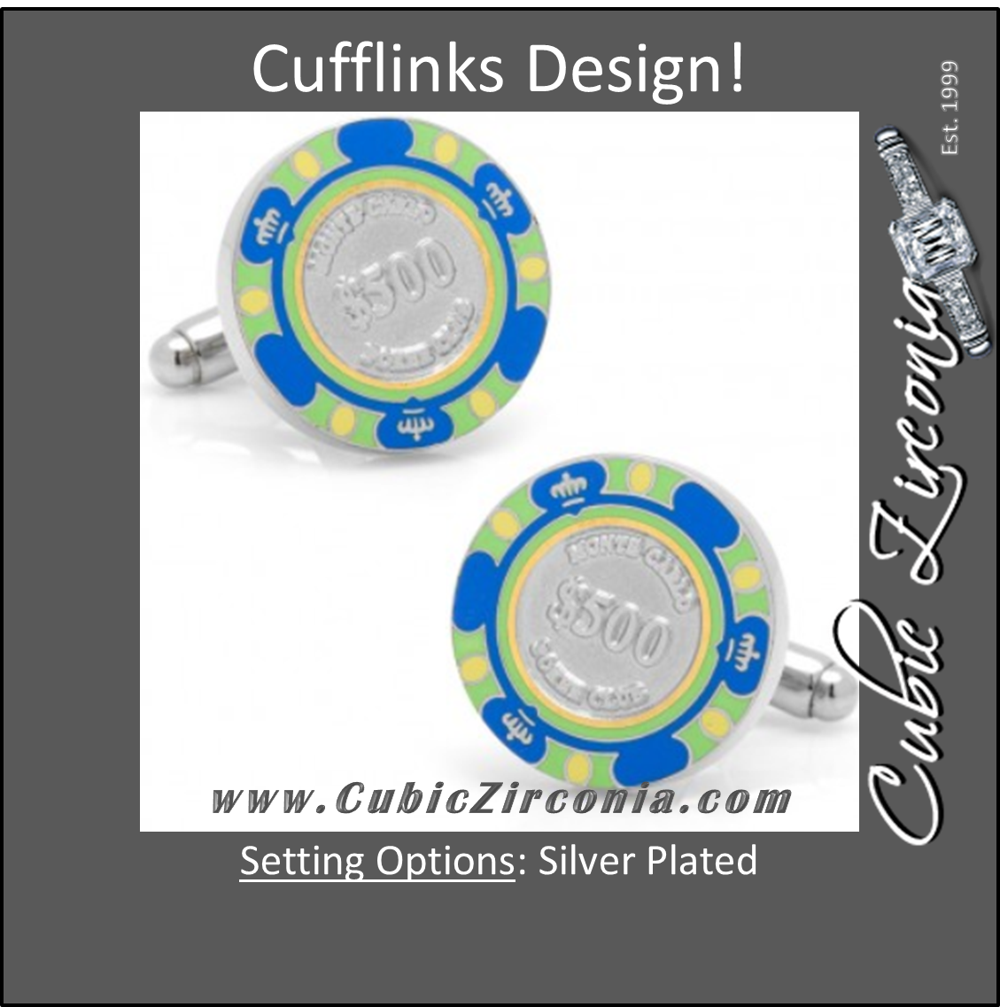 Men’s Cufflinks- $500 Blue Poker Chip (Silver Plated)
