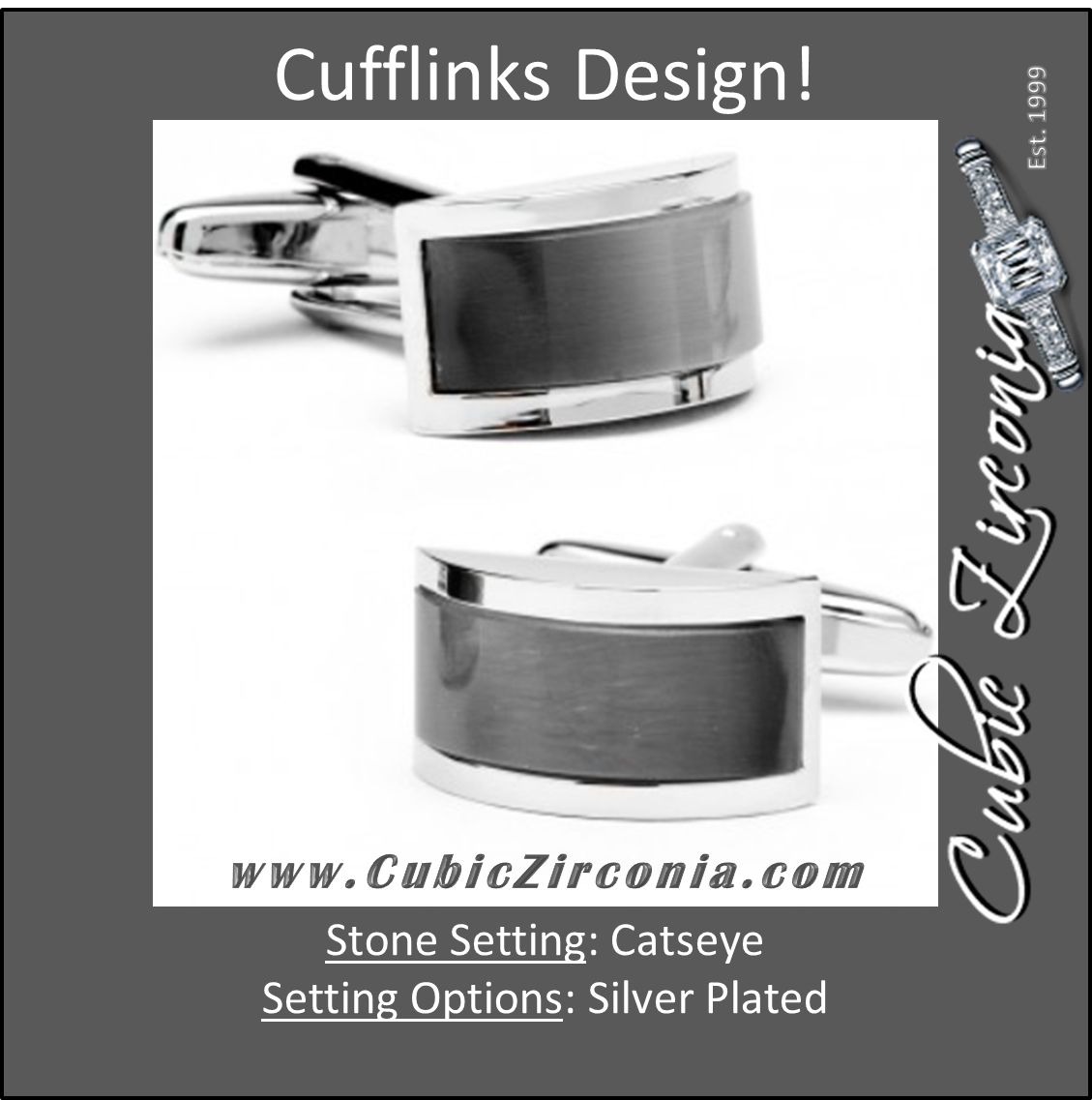 Men’s Cufflinks- Silver Plated Curved Bridge Style with Grey Catseye
