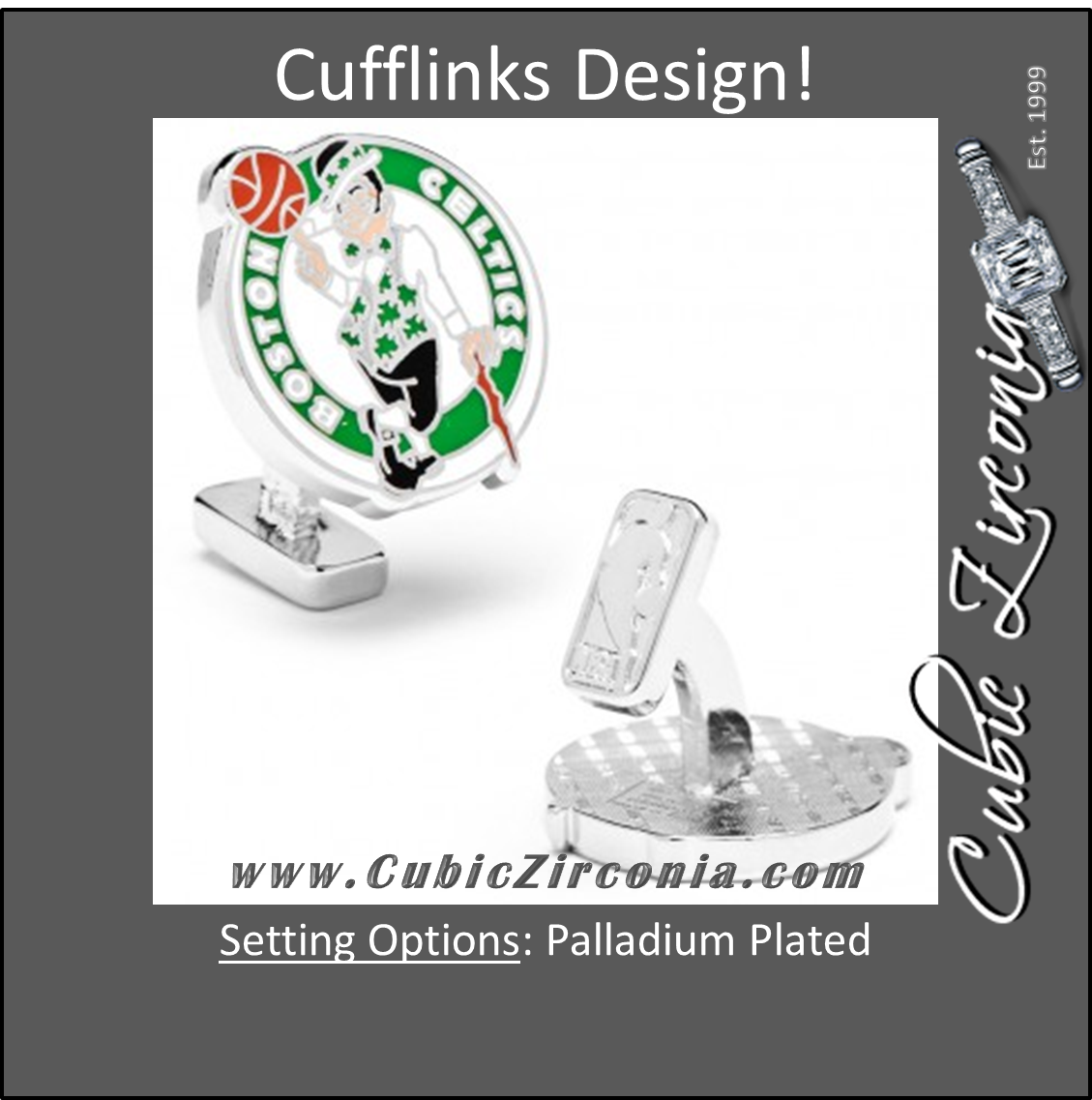 Men’s Cufflinks- Palladium Edition Boston Celtics with Enamel Accents (Officially Licensed)