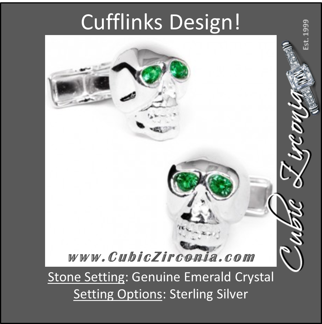 Men’s Cufflinks- Sterling Silver Skulls (set with emerald green crystals for eyes)