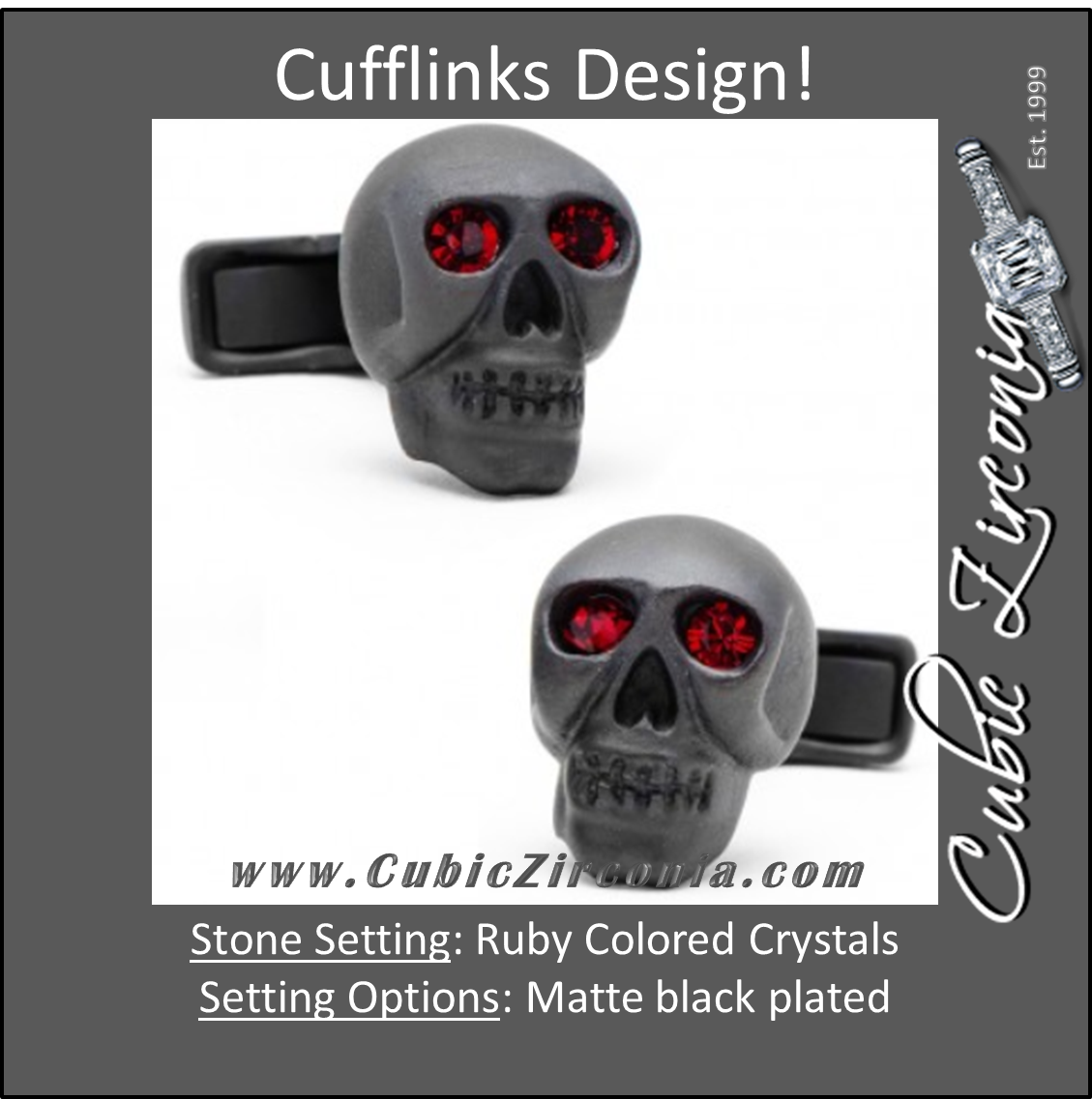 Men’s Cufflinks- Matte Black Skulls (set with ruby red crystals for eyes)