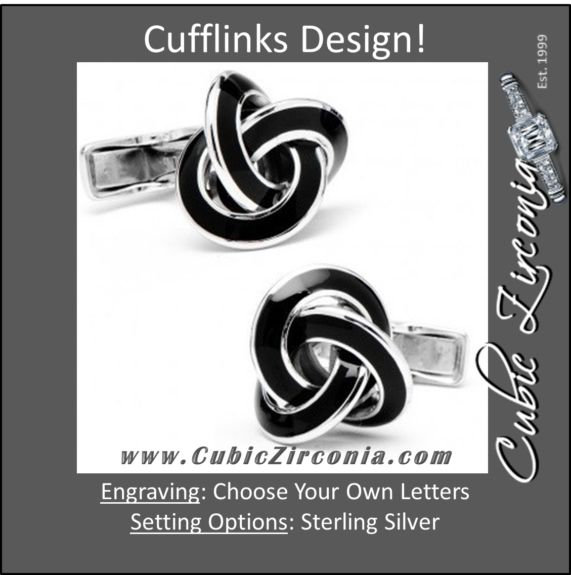 Men’s Cufflinks- Sterling Silver Love Knot with Striking Black Enamel