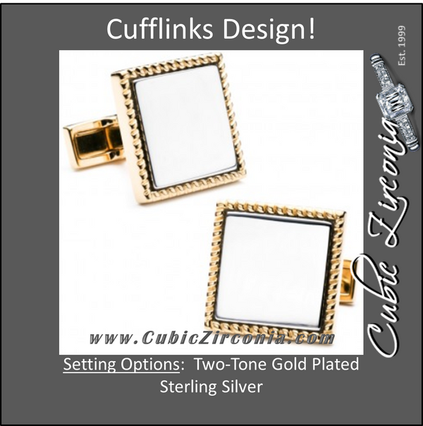 Men’s Cufflinks- Two Tone Silver and Yellow Gold Plated Squares with Rope Border
