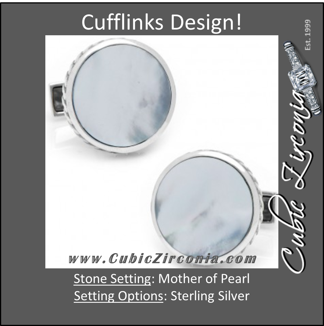 Men’s Cufflinks- Sterling Silver Round Scaled with Blue Mother of Pearl