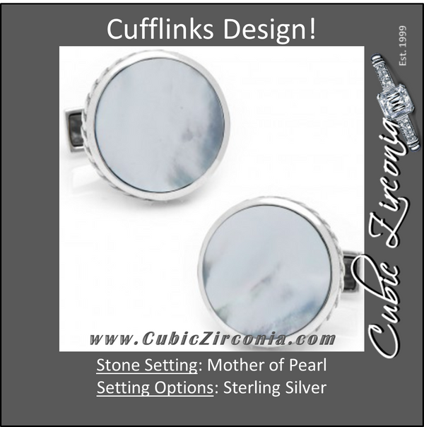 Men’s Cufflinks- Sterling Silver Round Scaled with Blue Mother of Pearl