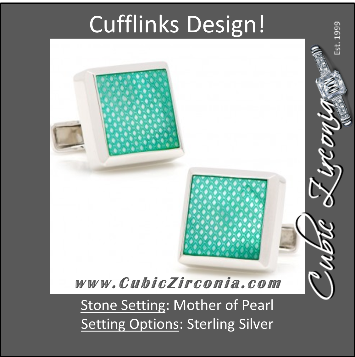 Men’s Cufflinks- Sterling Silver with Green Laser-Etched Mother of Pearl