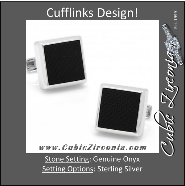 Men’s Cufflinks- Sterling Silver Square Frame with Laser-Etched Black Onyx