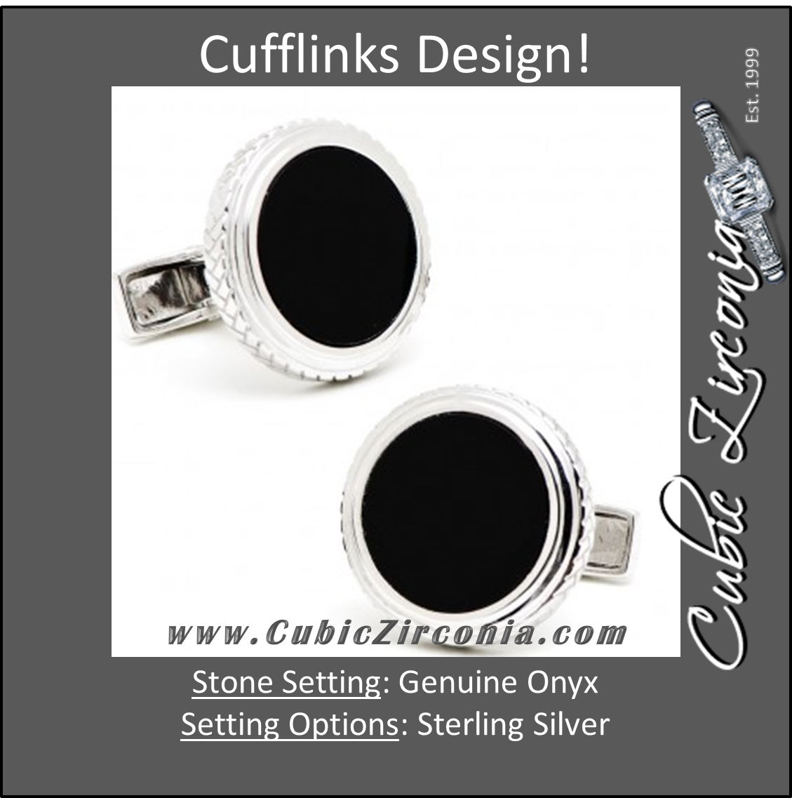 Men’s Cufflinks- Sterling Silver Round Opus Style Set with Genuine Onyx
