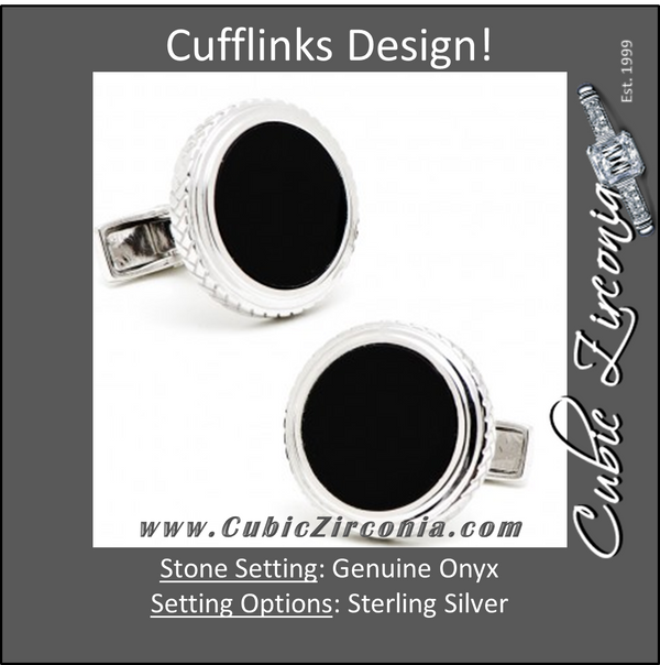 Men’s Cufflinks- Sterling Silver Round Opus Style Set with Genuine Onyx