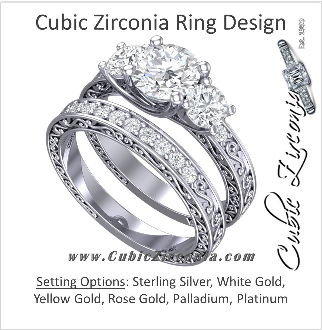 CZ Wedding Set, Style 24-12 feat The Adele Elise engagement ring (Three-Stone Round Cut with Filigree Accented Band)