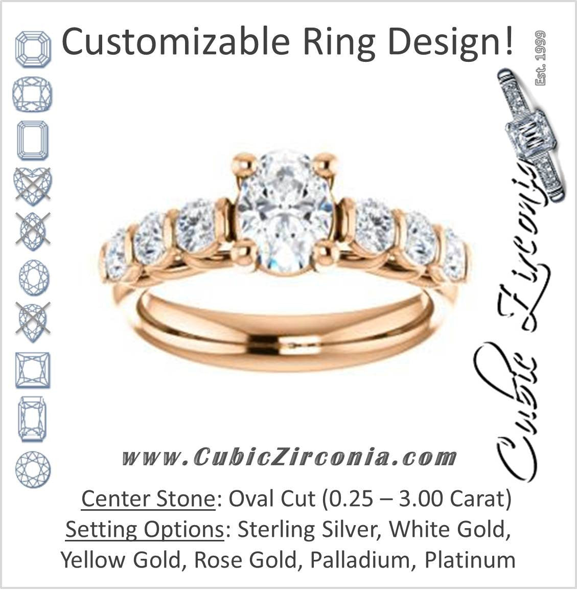 Cubic Zirconia Engagement Ring- The Adamari (Customizable 7-stone Oval Cut Style with Round Bar-set Accents)