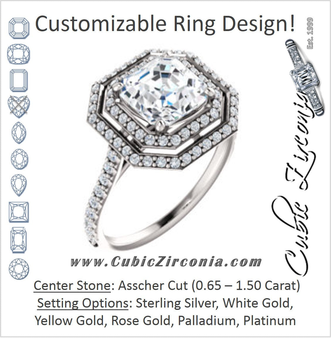 Cubic Zirconia Engagement Ring- The Alisa (Customizable Asscher Cut with Geometric Double Halo)