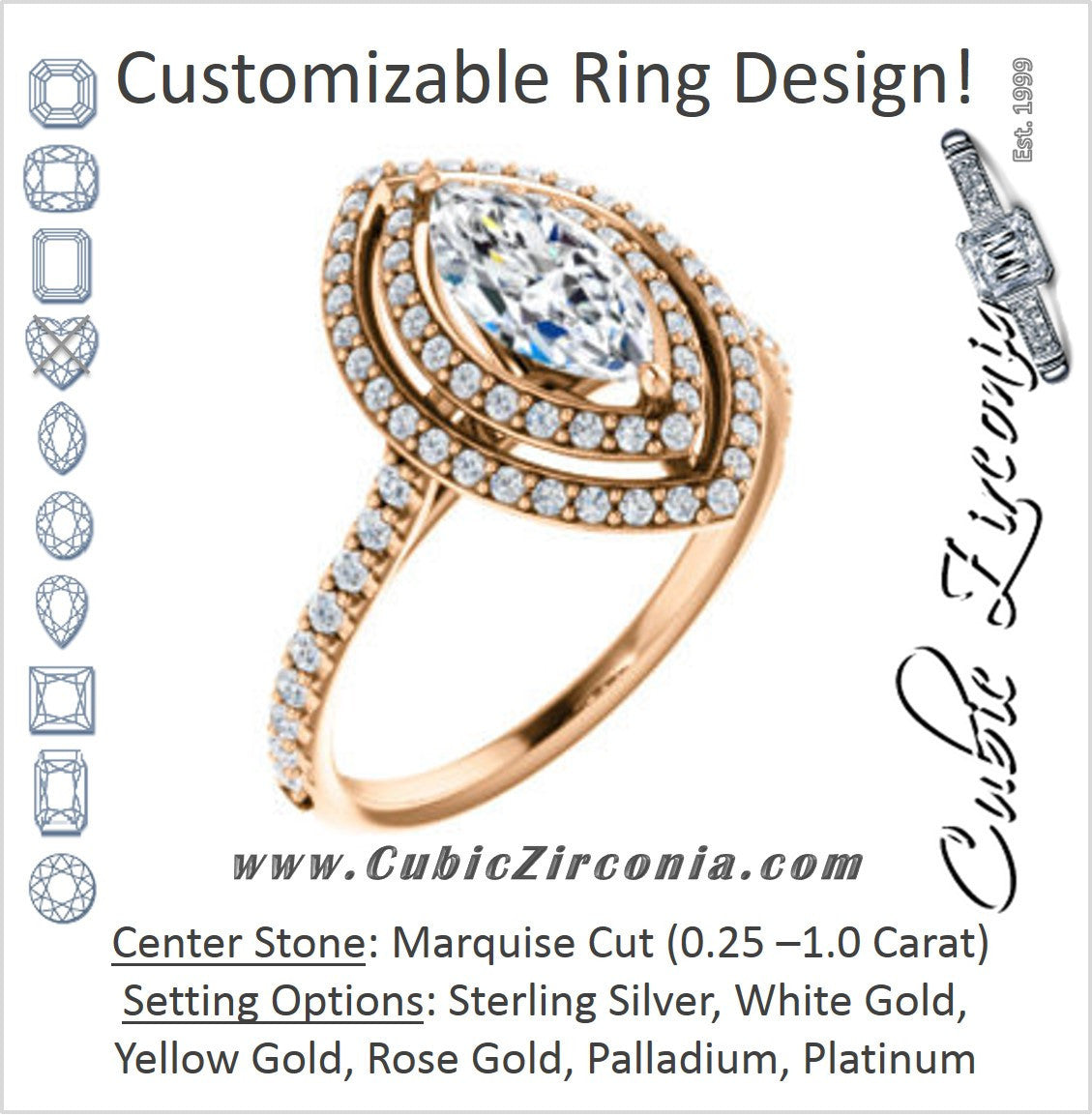 Cubic Zirconia Engagement Ring- The Alisa (Customizable Marquise Cut with Geometric Double Halo)