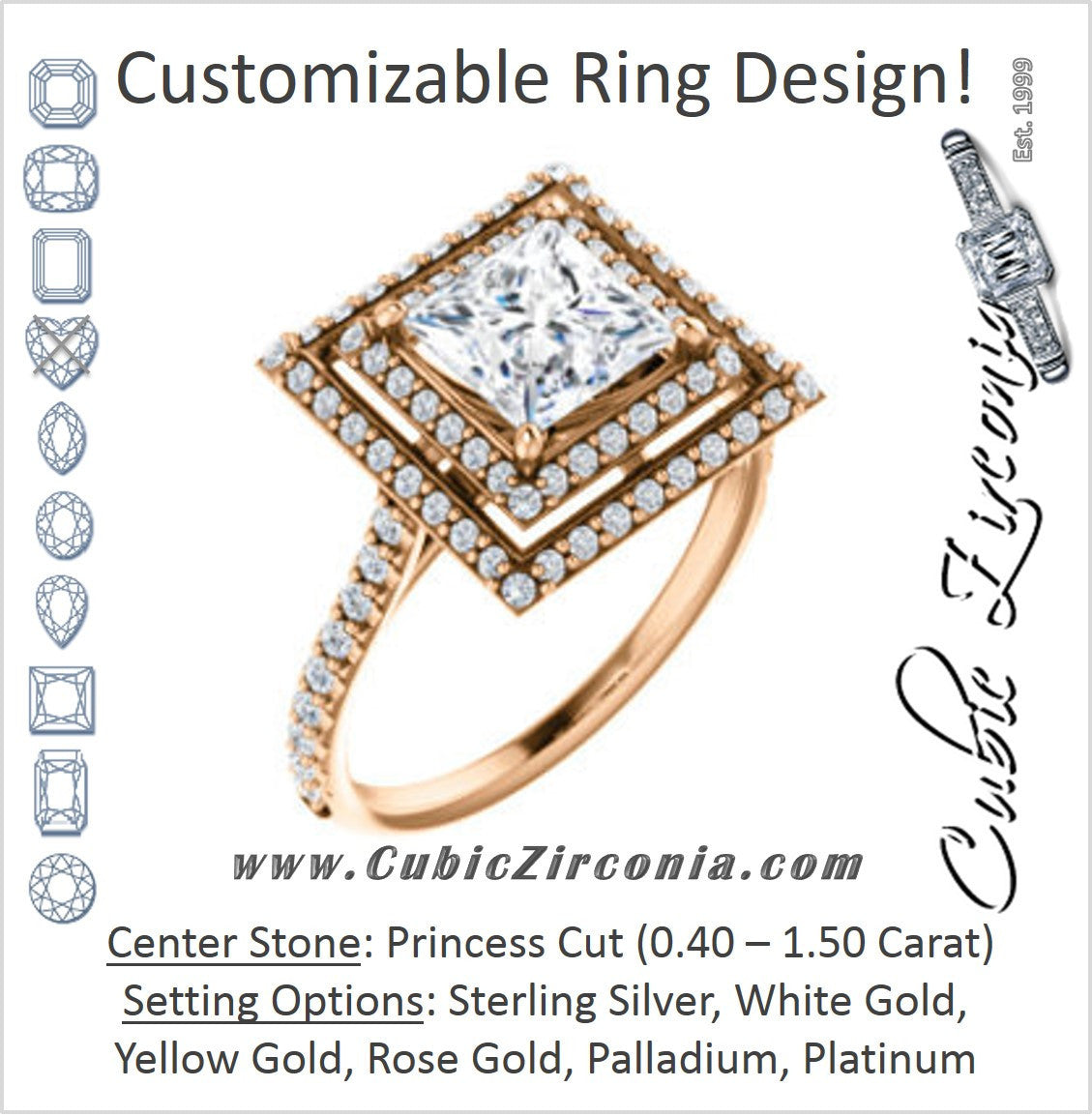 Cubic Zirconia Engagement Ring- The Alisa (Customizable Princess Cut with Geometric Double Halo)