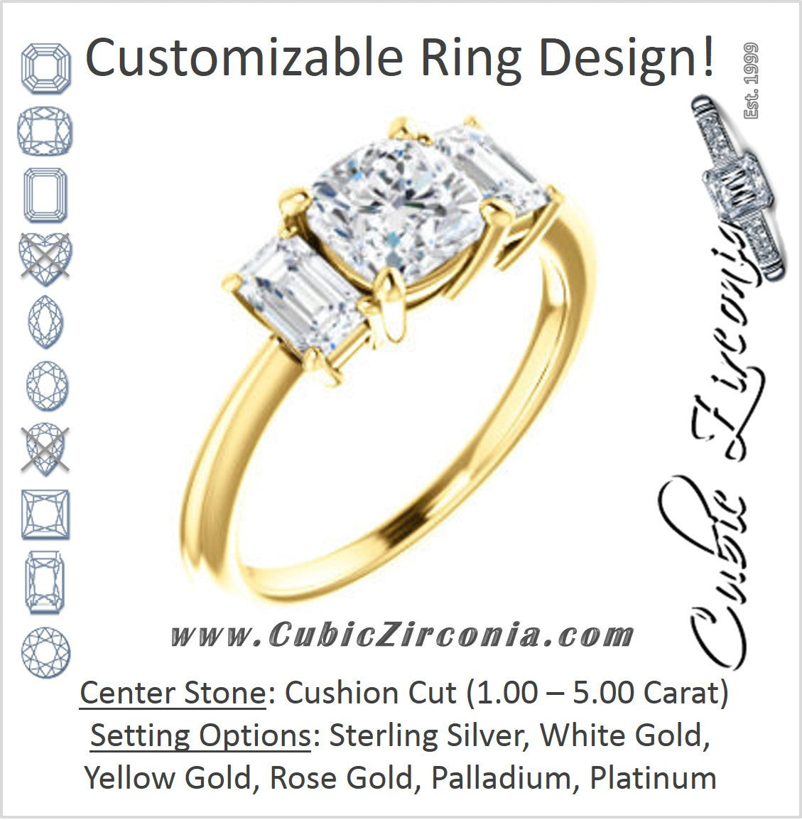 Cubic Zirconia Engagement Ring- The Andrea (Customizable Cushion Cut 3-stone with Dual Emerald Cut Accents)