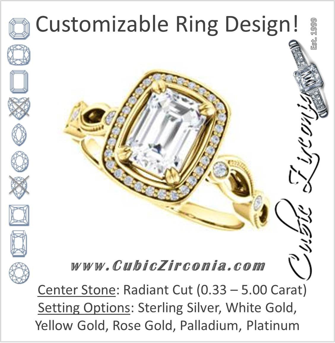 Cubic Zirconia Engagement Ring- The Angela (Customizable Whimsical Sculpture Halo-Style with Radiant Center)